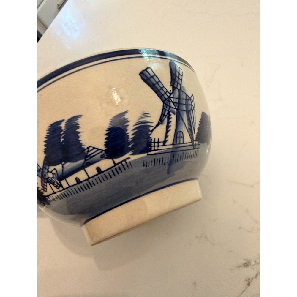 Vintage Delft Blue Hand Painted Bowl Windmill House Ship